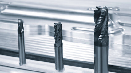 Industrial metalworking concept, milling cutter, metal cutter close up CNC cutters for metal....