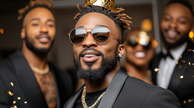 Joyful celebration with friends in stylish formal attire and glittering gold accents