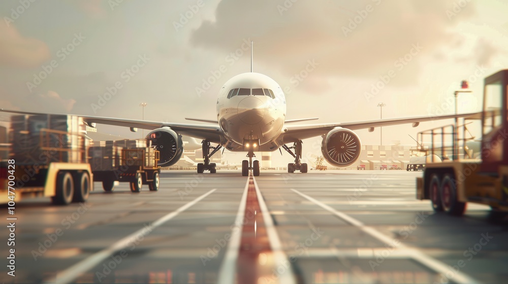 Fototapete A cargo airplane awaits on the runway, surrounded by various loading and unloading equipment as the sun sets. Generative AI