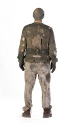 portrait of a poor old man in torn clothes on a white background