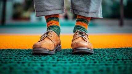 An elderly man stands on a vibrant green and orange carpet, showcasing quirky socks with brown shoes in a minimalistic focus on his feet