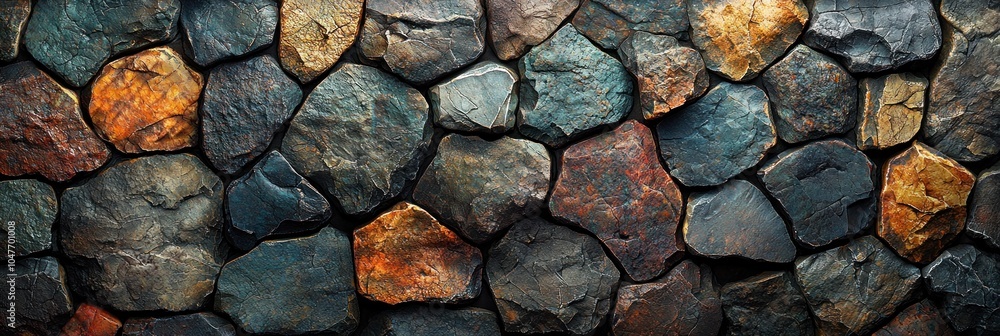 Poster a close-up view of a wall constructed from rough, irregularly shaped stones