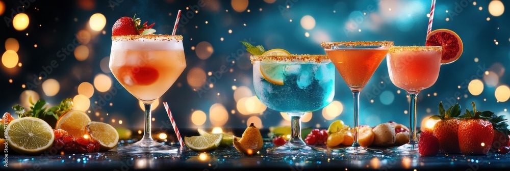 Poster brightly colored cocktails are arranged on a table alongside fresh snacks and sliced fruits, creatin