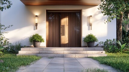 Fototapeta premium 3D rendering of modern home with wooden door and large patio.