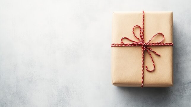 Gift box wrapped in brown paper and tied with red and white string on grey background