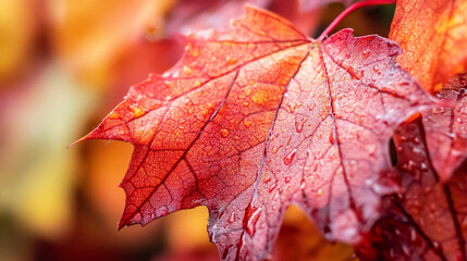 Close-up of a vibrant red maple leaf covered in raindrops during autumn season