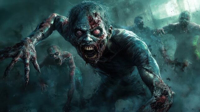 A zombie lunging forward towards a target, teeth bared and arms reaching out menacingly.