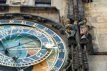 Antique large ancient astronomical clock, historical architecture in the capital of the Czech Republic Prague with a large dial on the wall of an old building.