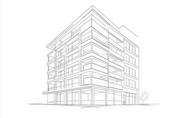 A detailed outline of a minimalist hotel building showcases a modern design with clean lines and multiple balconies.