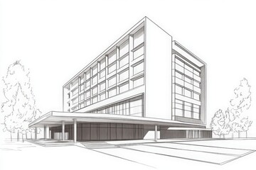 This architectural concept showcases a minimalist hotel with clean lines and large windows, set against a serene outdoor environment. The focus is on the elegant structure and its modern design.