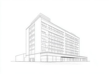 A minimalist hotel building outline presents a modern architectural design. The structure emphasizes simplicity with clear lines and open spaces, showcasing contemporary style and functionality.