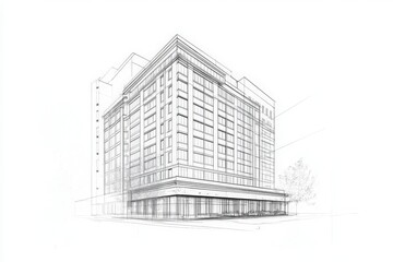 Fototapeta premium A detailed outline of a minimalist hotel building emerges against a white background, showcasing clean lines and a contemporary design. The structure suggests a modern urban environment.