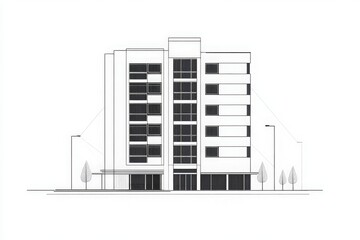 Fototapeta premium This architectural outline showcases a minimalist hotel design characterized by clean lines and large windows.