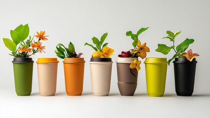 Obraz premium Eco friendly coffee cups with vibrant flowers and greenery arranged in minimalist style create refreshing and sustainable aesthetic