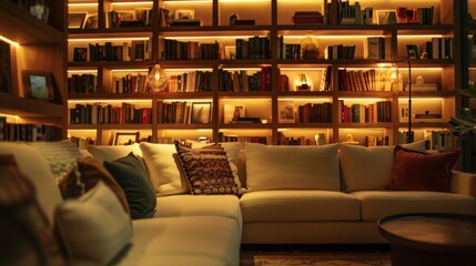 A secluded escape within the bustling city this private lounge is adorned with comfortable sofas dim lighting and a bookshelf filled with timeless classics. The perfect spot to unwind