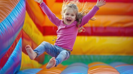 Joyful Child Jumping on Colorful Inflatable Bounce House