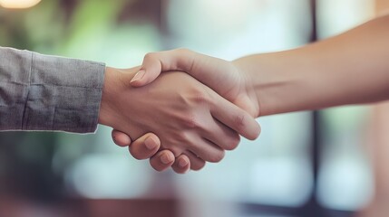 Two hands shake in a business deal.