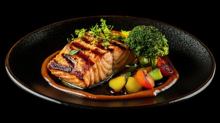 Seared grilled salmon fillet with broccoli and vegetables on a dark plate, healthy food