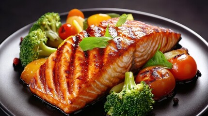 Seared grilled salmon fillet with broccoli and vegetables on a dark plate, healthy food