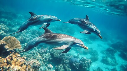 Fototapeta premium A group of dolphins swimming together in the clear blue waters of a coral reef