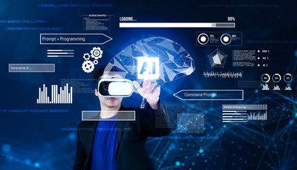 Smart businessman wearing suit and VR goggle while using AI assistance planning plan. Project manager generating data by using augmented reality glasses while pointing at glowing hologram. Ingenuity.