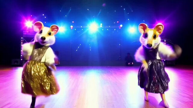 Two adorable cartoon mice in shiny dresses dance on a stage under bright spotlights, creating a playful and fun performance vibe with colorful lighting effects.