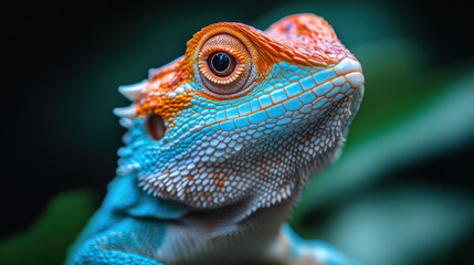 Fototapeta premium vibrant blue and orange lizard with intricate scales and striking eye, showcasing its unique colors and textures against blurred green background. This captivating reptile exudes sense of wonder and