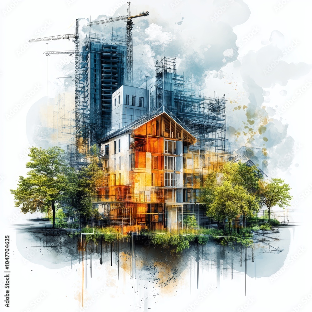 Poster an artistic rendering of a multi-story building under construction, blending modern design.