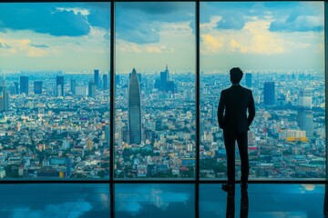 Fototapeta premium A man business suit, standing in front of skyscraper, window