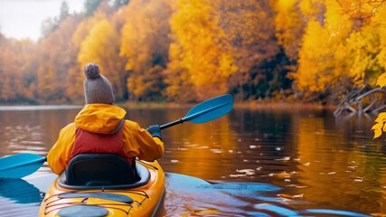 Kayaking through vibrant fall foliage on a serene lake in the mountains.