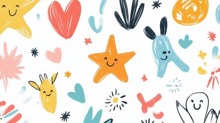 Colorful Hand-Drawn Doodle Stars and Shapes Pattern