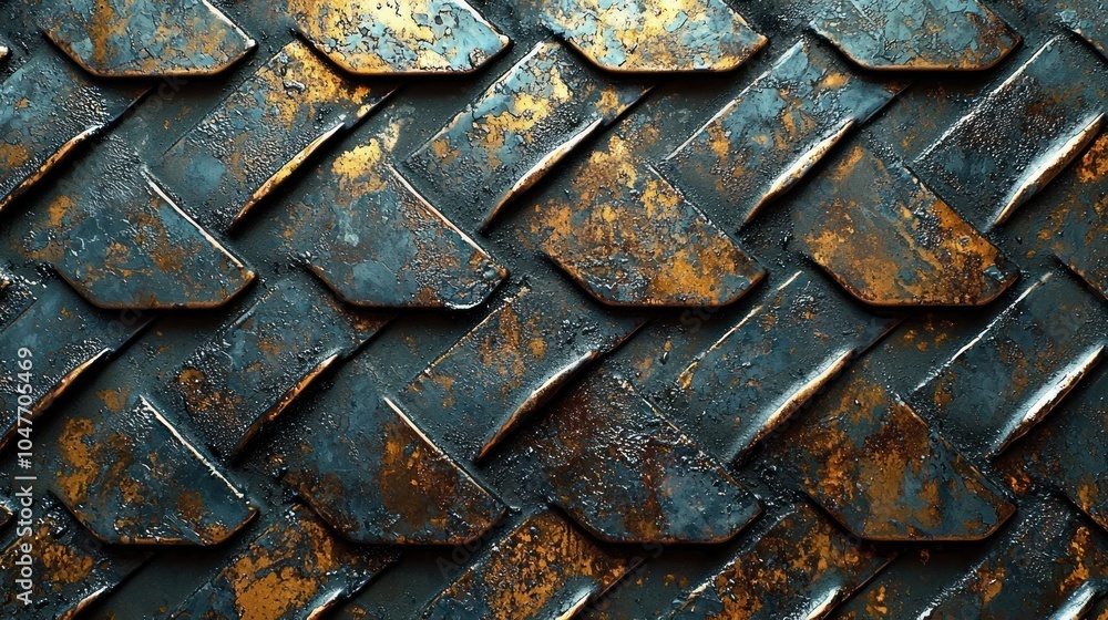 Poster close-up of a metallic surface with geometric shapes and distressed finish