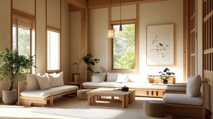 Fototapeta premium Serene Japanese-style Interior Design with Warm Sunlight