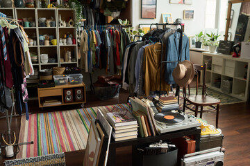 Part of spacious modern thrift shop with secondhand paintings, books, outdated stereo equipment, casual apparel and footwear
