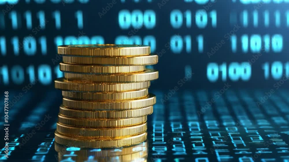 Poster stack of golden coins in front of a digital binary backdrop symbolizing cryptocurrency investment an