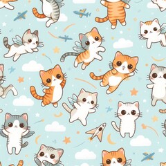 Cute cartoon cats flying with wings on a light blue background.