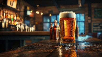 A chilled glass of beer on a bar table with room for additional bottles, set in a lively interior.