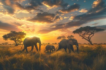 A gentle family of elephants meanders through the savanna grasslands as the sun sets, casting a warm glow over the landscape. Generative AI