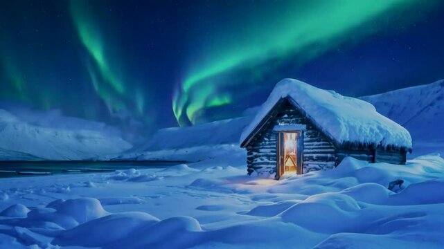 A small wooden shack house nestled in a snowy landscape under the vibrant glow of the aurora, its warm light casting a cozy glow against the cold night."