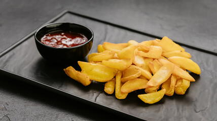 Crispy potato wedges served with ketchup, perfect snack or side dish for any meal