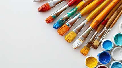 Fototapeta premium Set of paintbrushes with colorful acrylic paint strokes on a white background, featuring red, orange, yellow, and blue tones for a vibrant artistic look, ideal for painting and art themes.