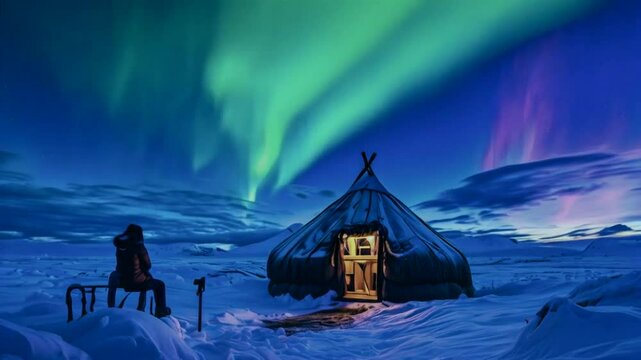 A small wooden shack house nestled in a snowy landscape under the vibrant glow of the aurora, its warm light casting a cozy glow against the cold night."
