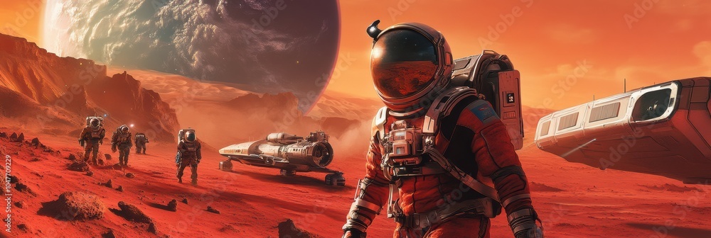 Poster A group of astronauts in red suits navigates the rugged Martian terrain, with a colossal planet looming overhead as they investigate. Generative AI