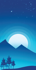 digital illustration of a night sky with many stars, a crescent moon, and mountains in the distance. The mountains are dark blue and the sky is a lighter blue