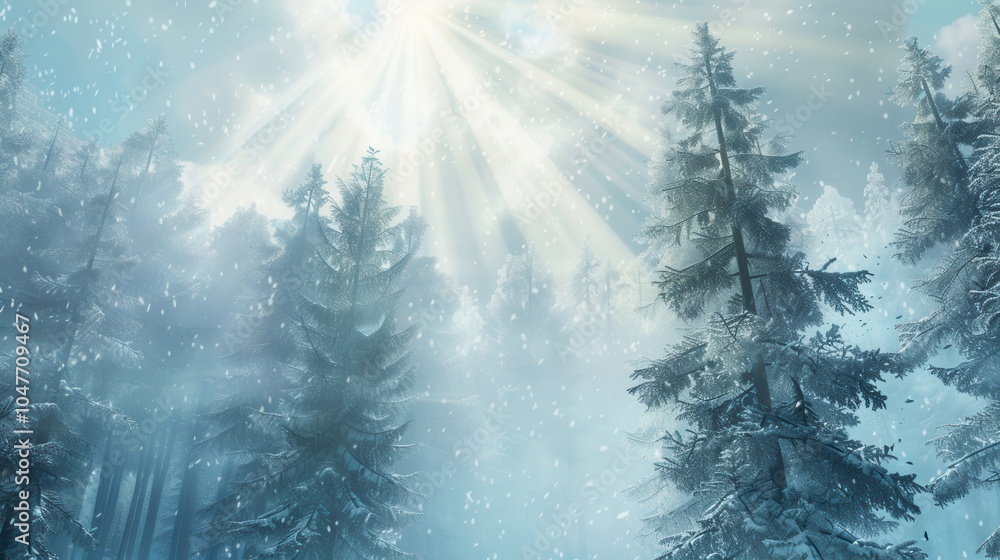 Leinwandbilder fresh snow blankets a serene forest of tall pine trees, illuminated by soft sunlight breaking throug