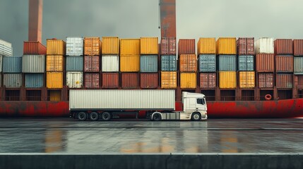 Obraz premium White truck parked beside colorful shipping containers under a cloudy sky.