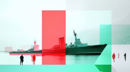 Misty Day Naval Ship Monument with Flag