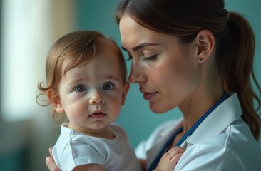 Female doctor with stethoscope in white coat holds her baby in her arms. There is daylight through the window in the clinic