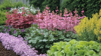 Obraz premium Vibrant Garden Flowerbed with Ornamental Plants and Shrubs