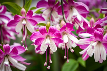 A cluster of vibrant pink and white fuchsia flowers in bloom.